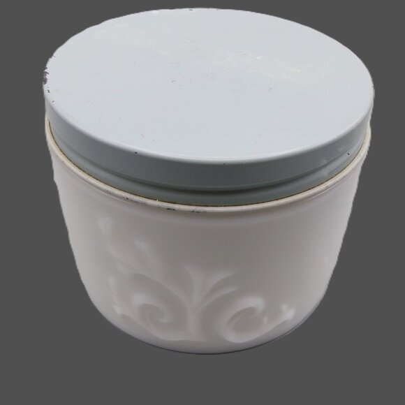 Vintage Milk Glass Creme Vanity Jar with Blue Screw on Lid - Picture 3 of 8